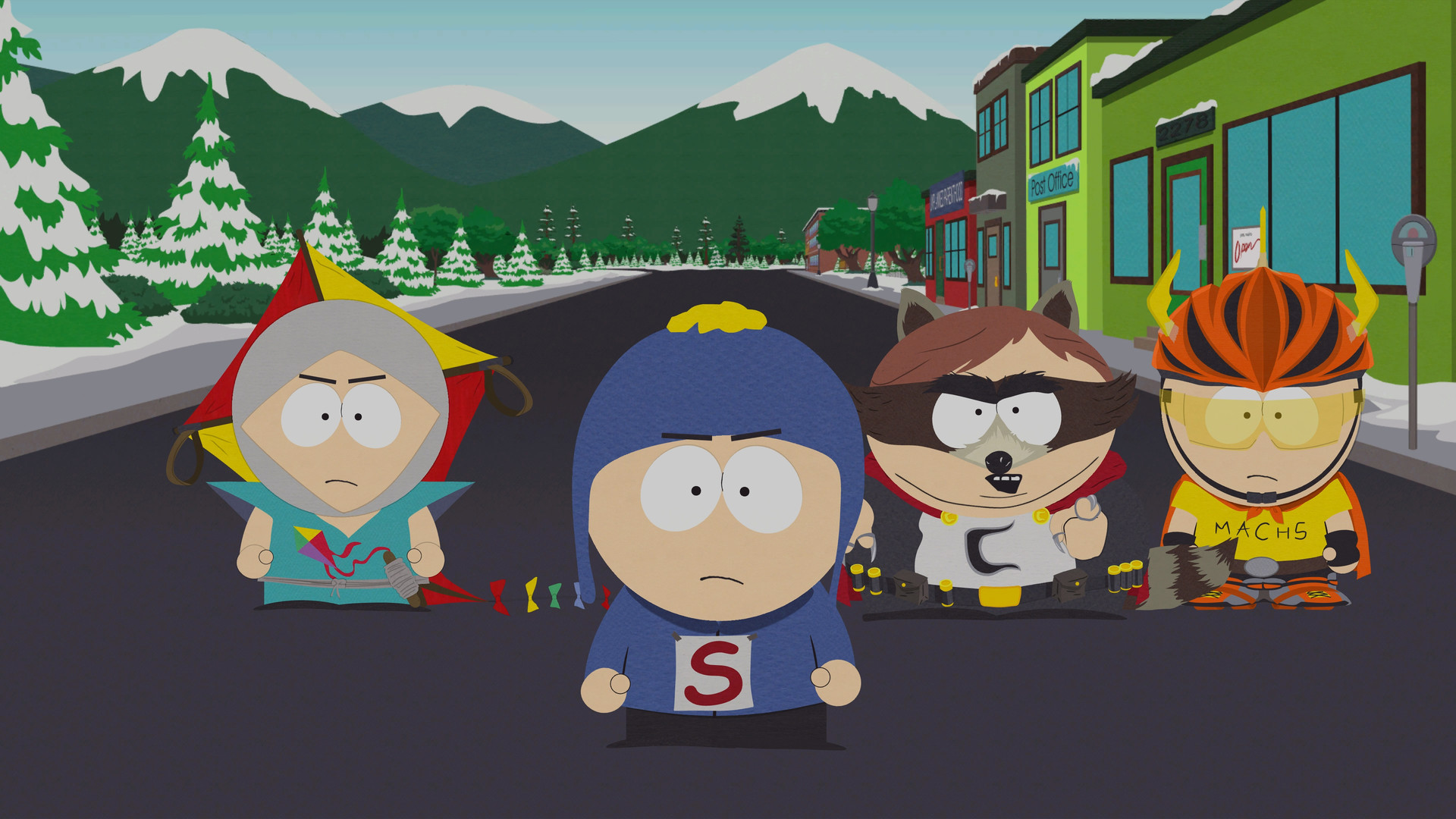 The South Park characters in a town