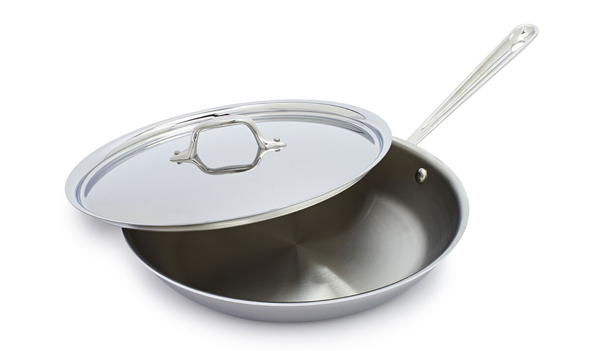 A stainless steel skillet with lid. 