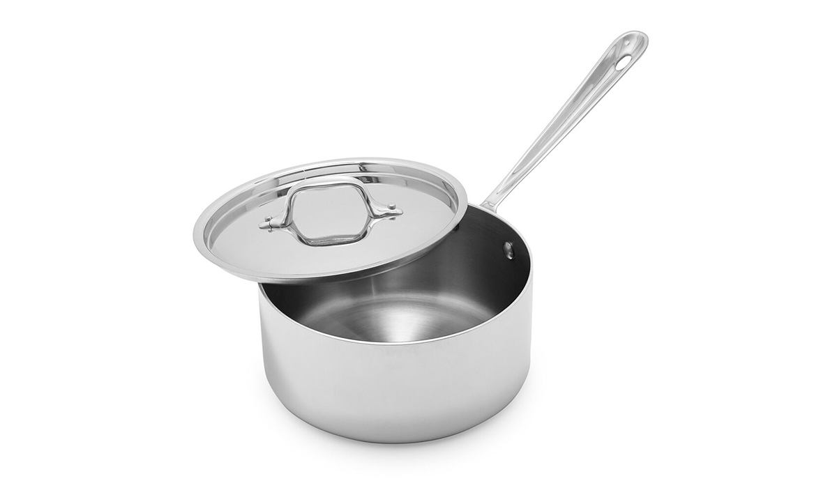 A stainless steel saucepan with lid. 