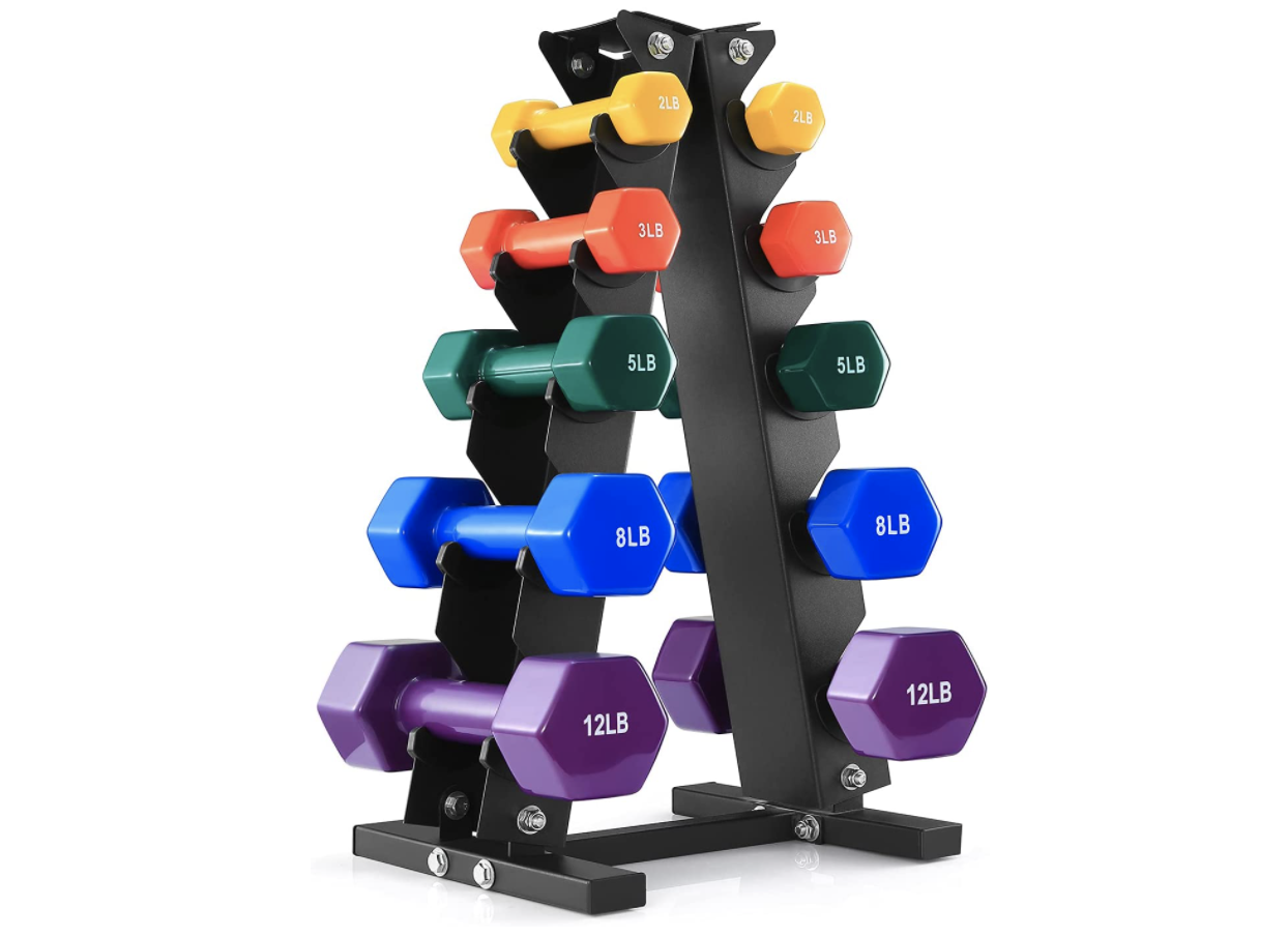 Tower of dumbbells in various colors.